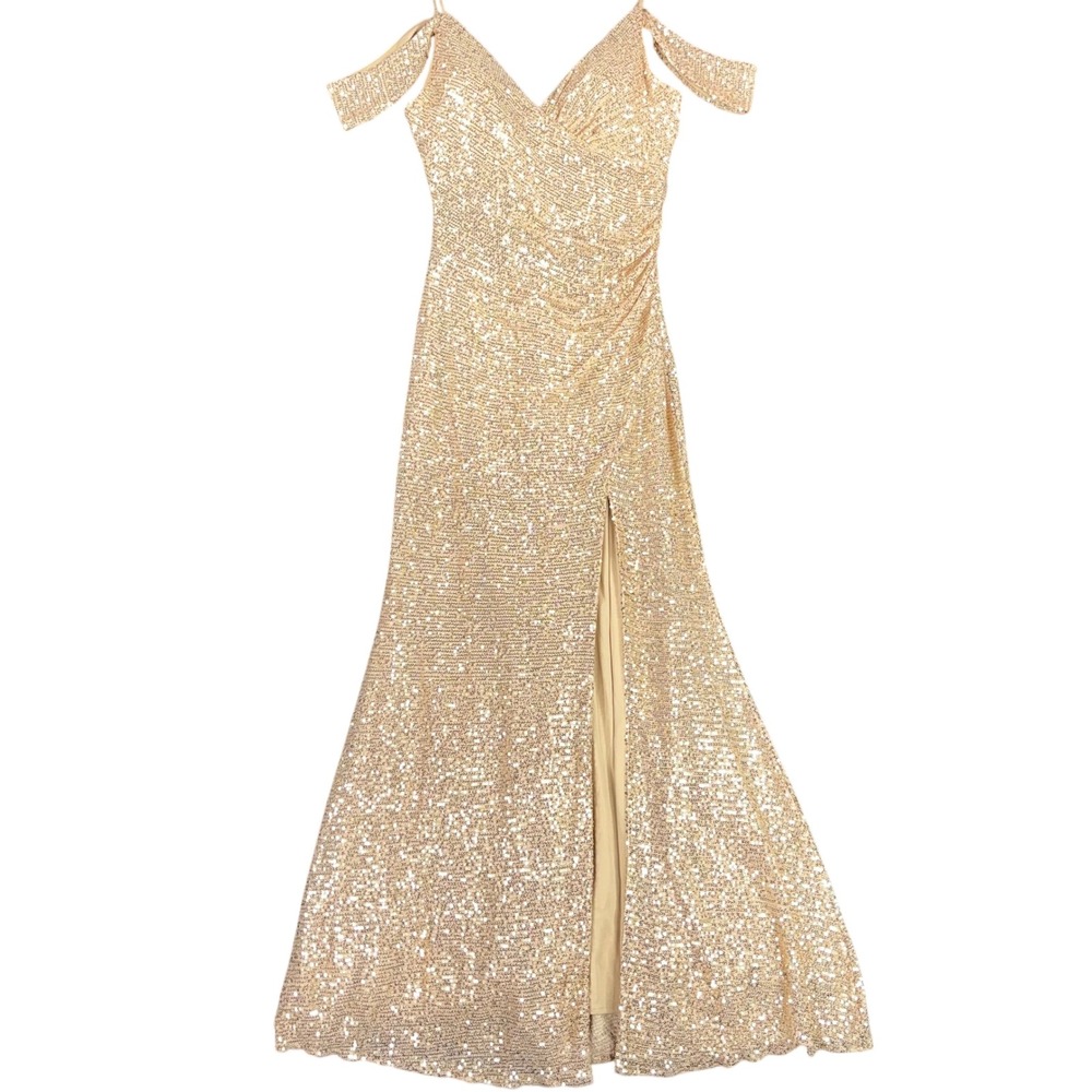 Ladivine by Cinderella Divine Gold Sequin Cold Shoulder Maxi Gown Dress Medium